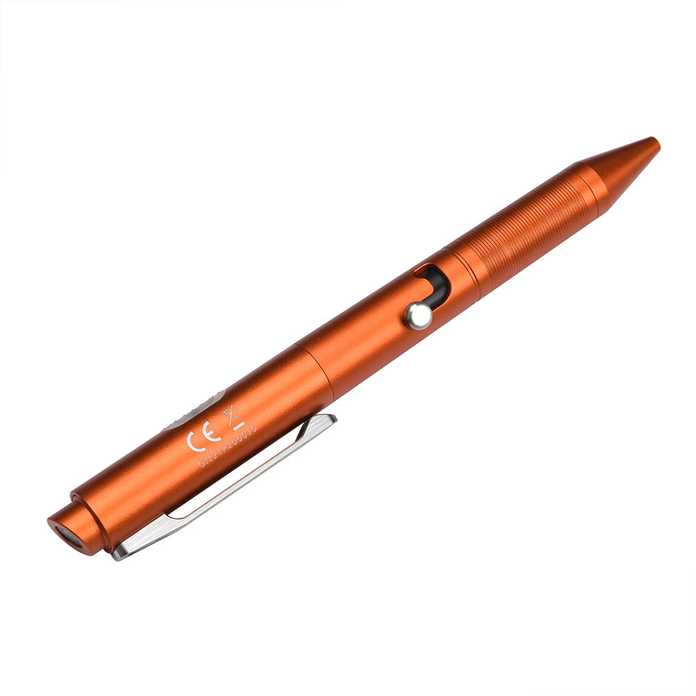 Fitorch FTP20 orange pen showing the side button and pocket clip