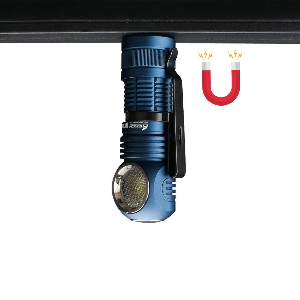 Fitorch HC15 blue light attached upside down to a metal surface by its magnetic tail