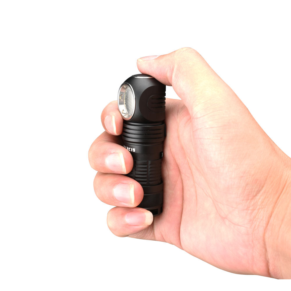 Fitorch HC15 compact black right-angle flashlight held in one hand
