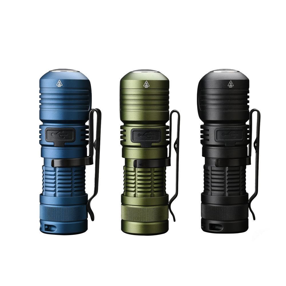 Fitorch HC15 blue, green and black lights showing charging-port covers and clips