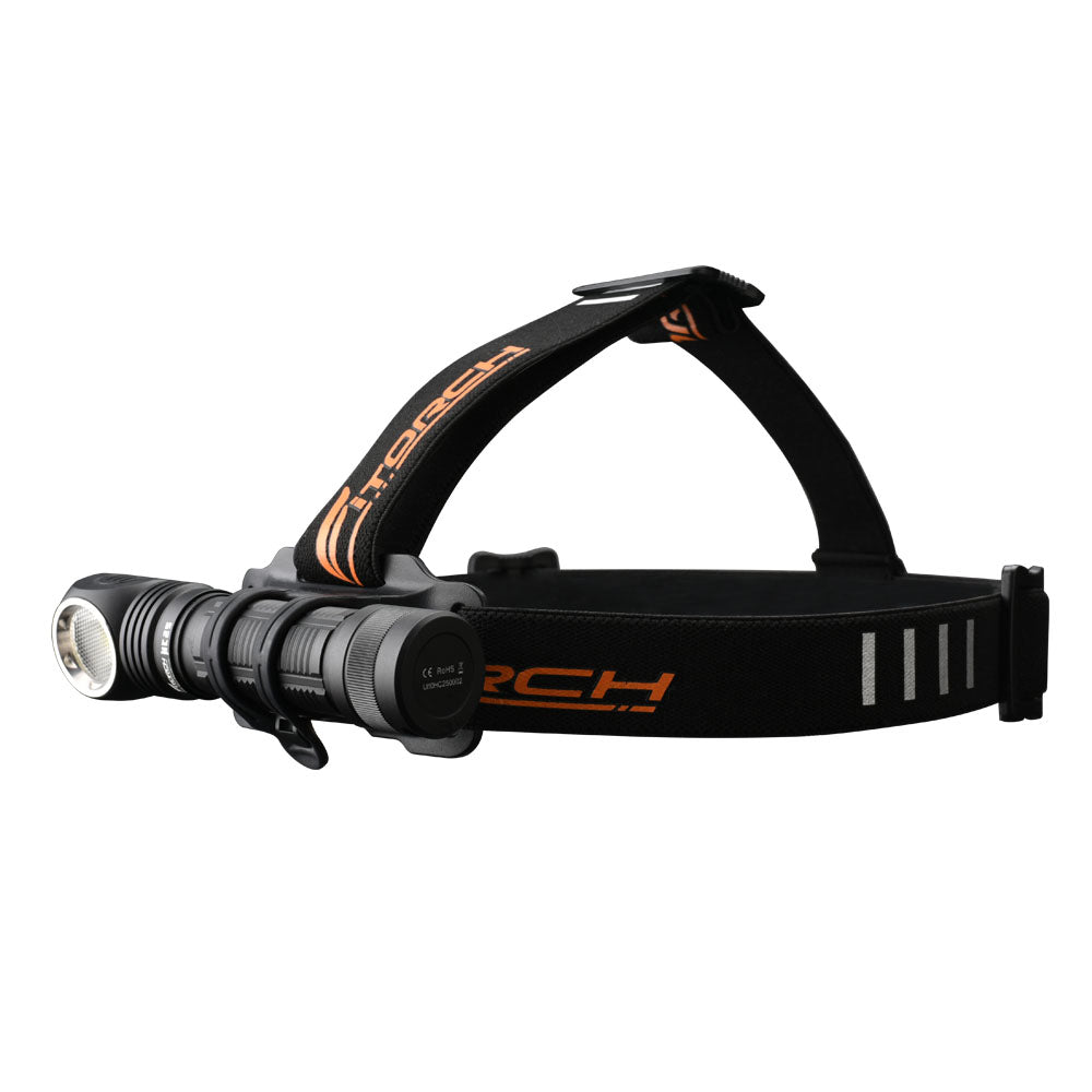 Fitorch HC25 black right-angle light mounted on the adjustable headband