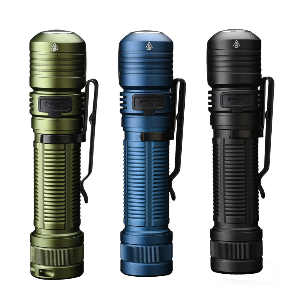 Fitorch HC25 green, blue and black lights showing charging-port covers and pocket clips