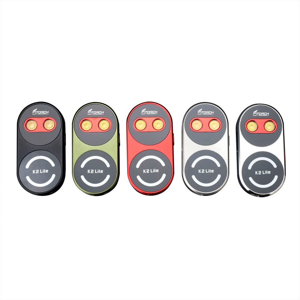 Fitorch K2 Lite keychain lights shown in several body colors with twin main LEDs