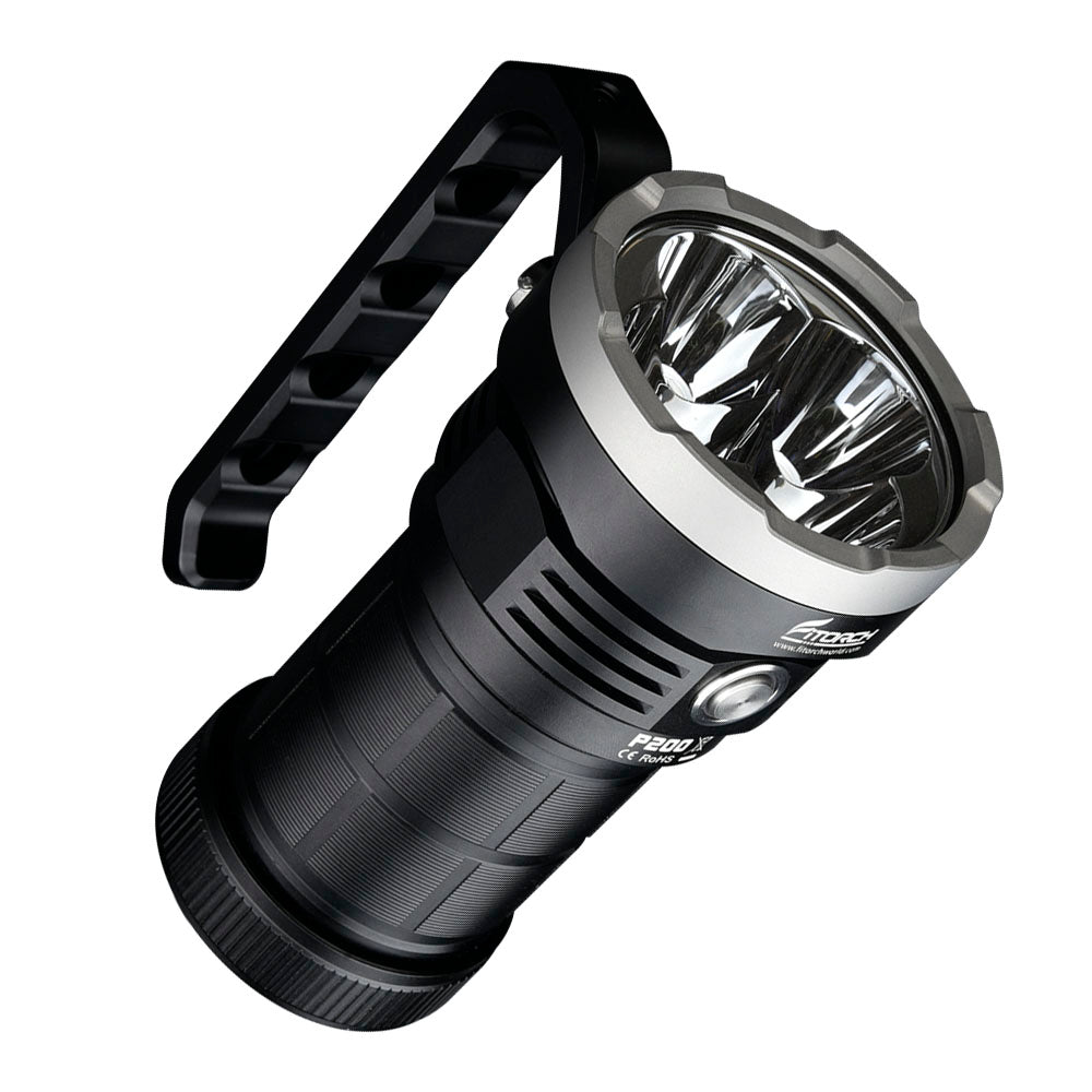 Fitorch P200 angled view showing the four reflectors and silver bezel