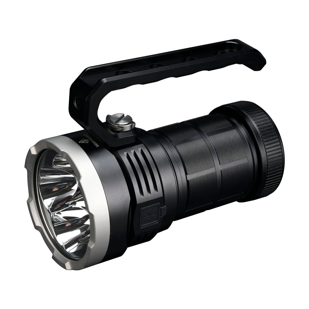 Fitorch P200 black searchlight with the detachable carry handle raised