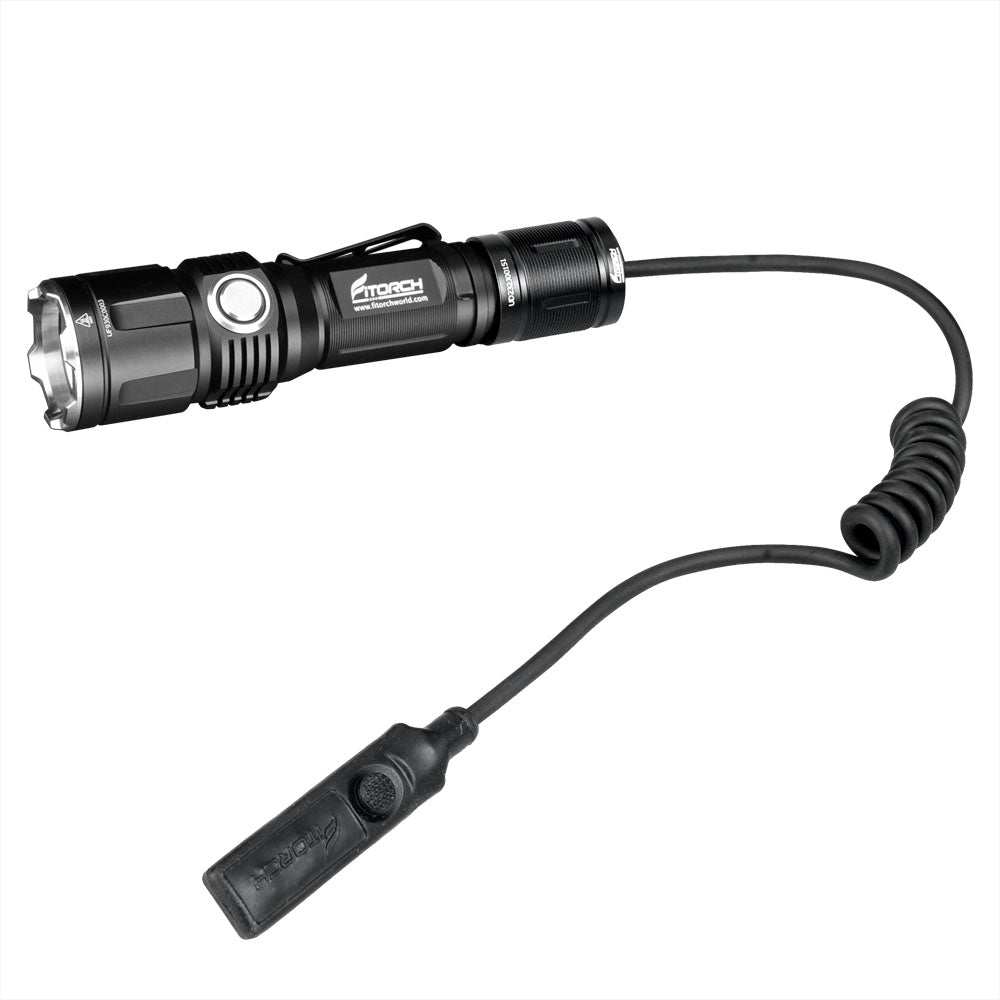 Fitorch P30C flashlight attached to a coiled-cable remote pressure switch