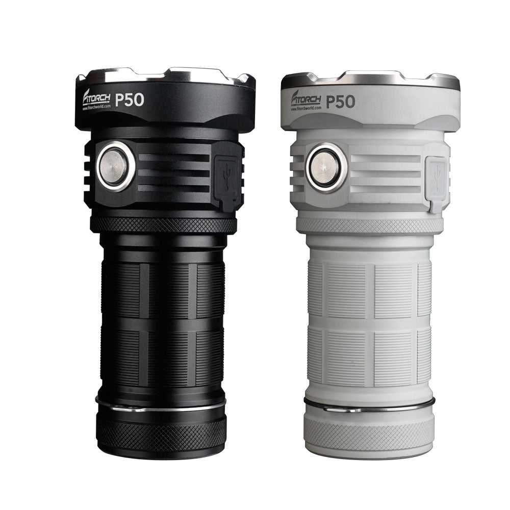 Fitorch P50 black and white searchlights standing side by side