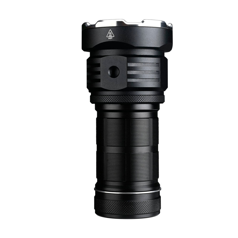 Fitorch P50 black searchlight showing its threaded tripod socket