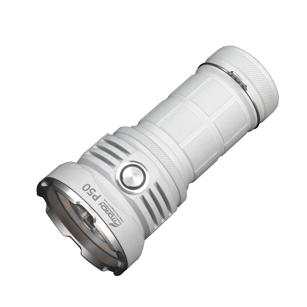 Fitorch P50 white searchlight angled to show the head and side switch