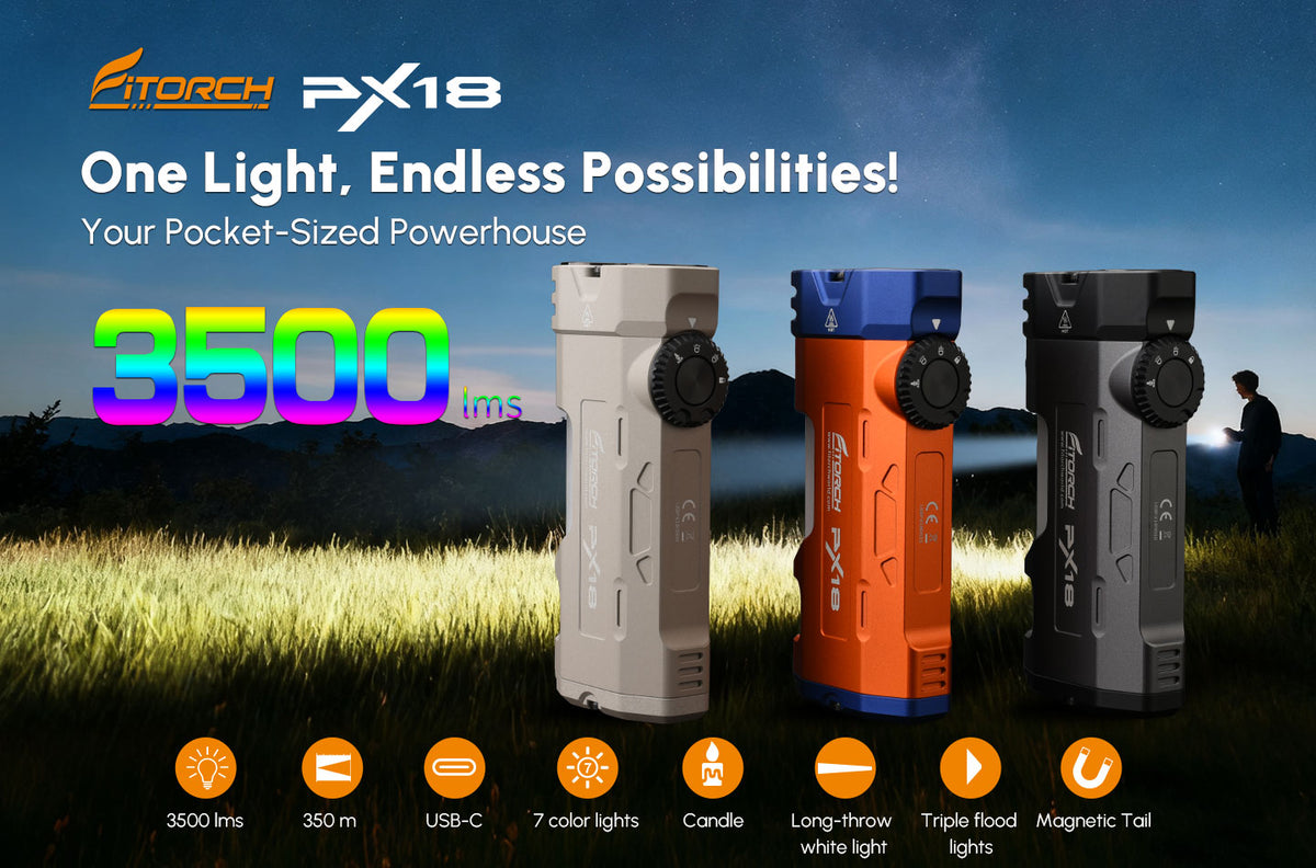 Fitorch PX18 three color versions beside 3500-lumen and multi-light feature symbols