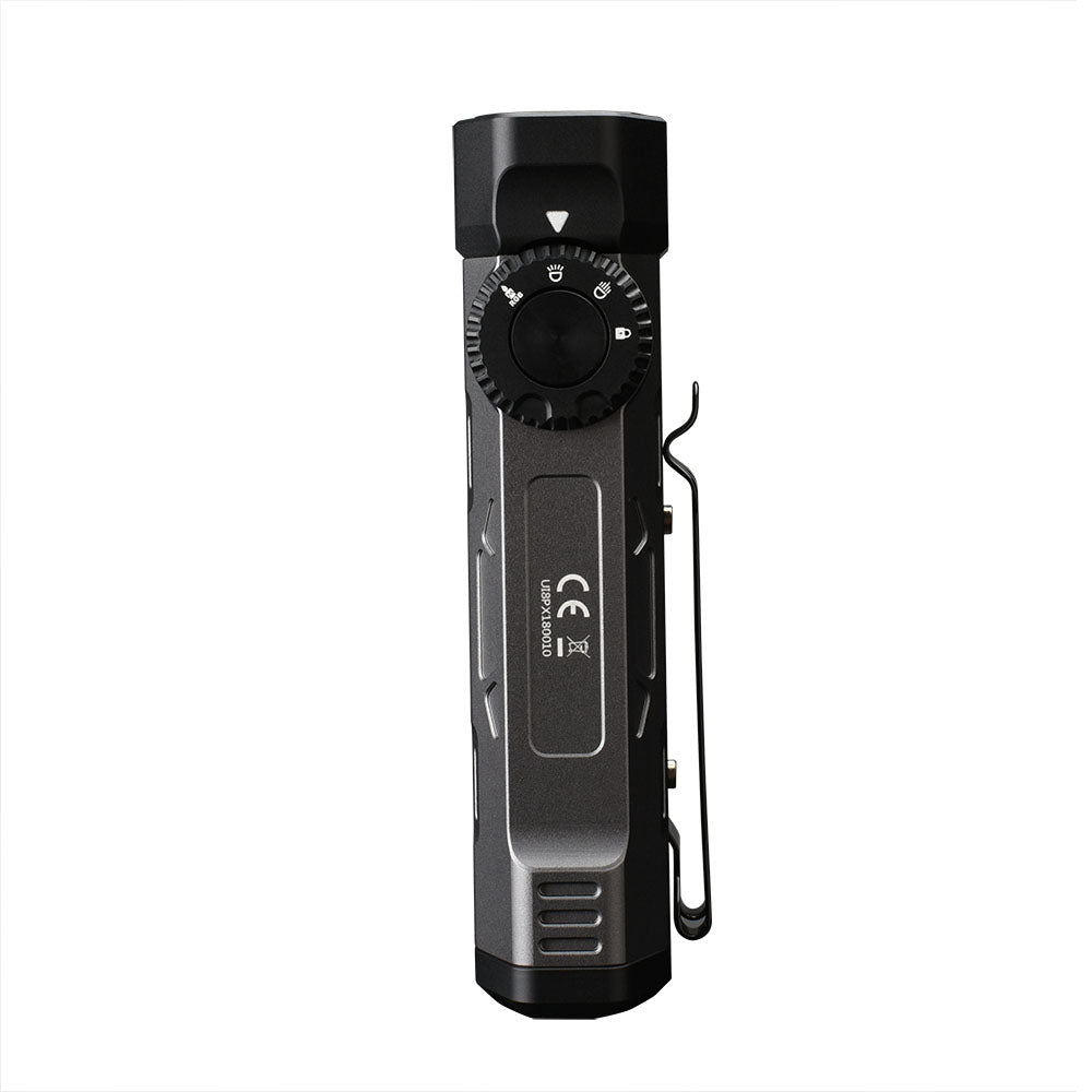 Fitorch PX18 dark flashlight showing its rotary mode dial and removable metal pocket clip
