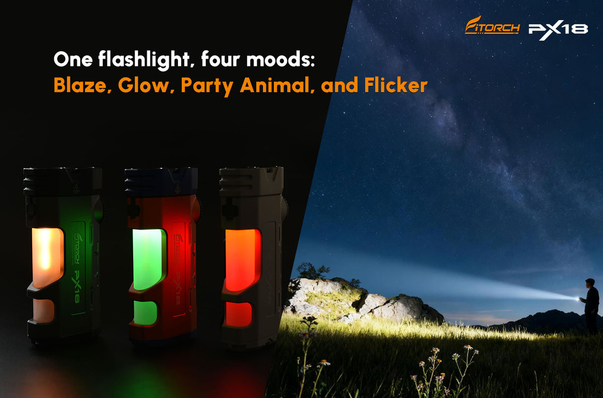 Fitorch PX18 side-light color examples beside Blaze, Glow, Party and Flicker effect labels