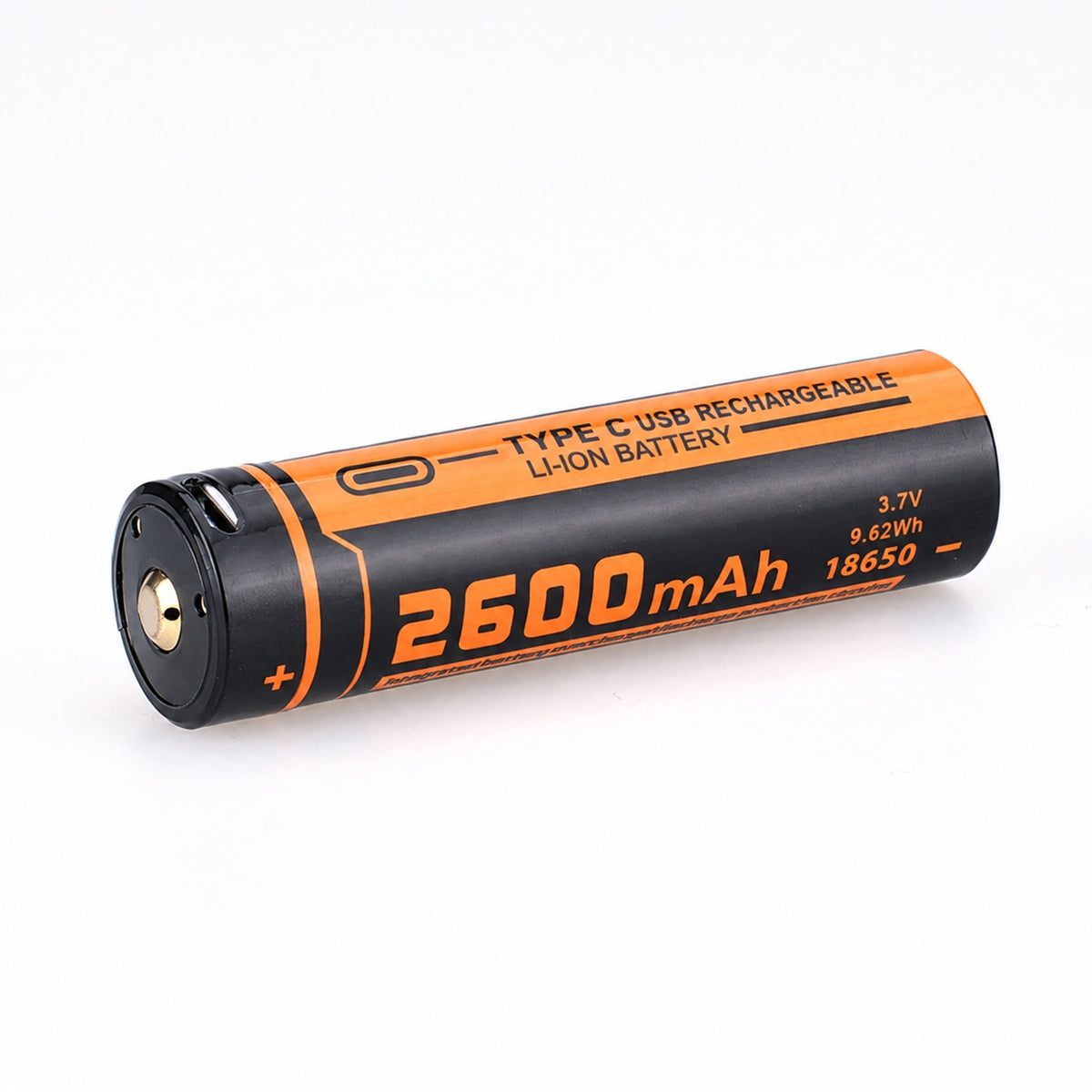 Fitorch UC26R battery angled to show the positive terminal, 2600mAh capacity and 3.7V rating