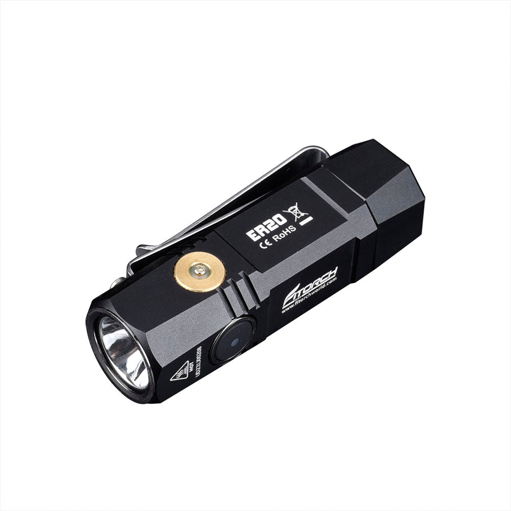 Fitorch ER20 black flashlight at an angle showing the reflector, side switch and pocket clip