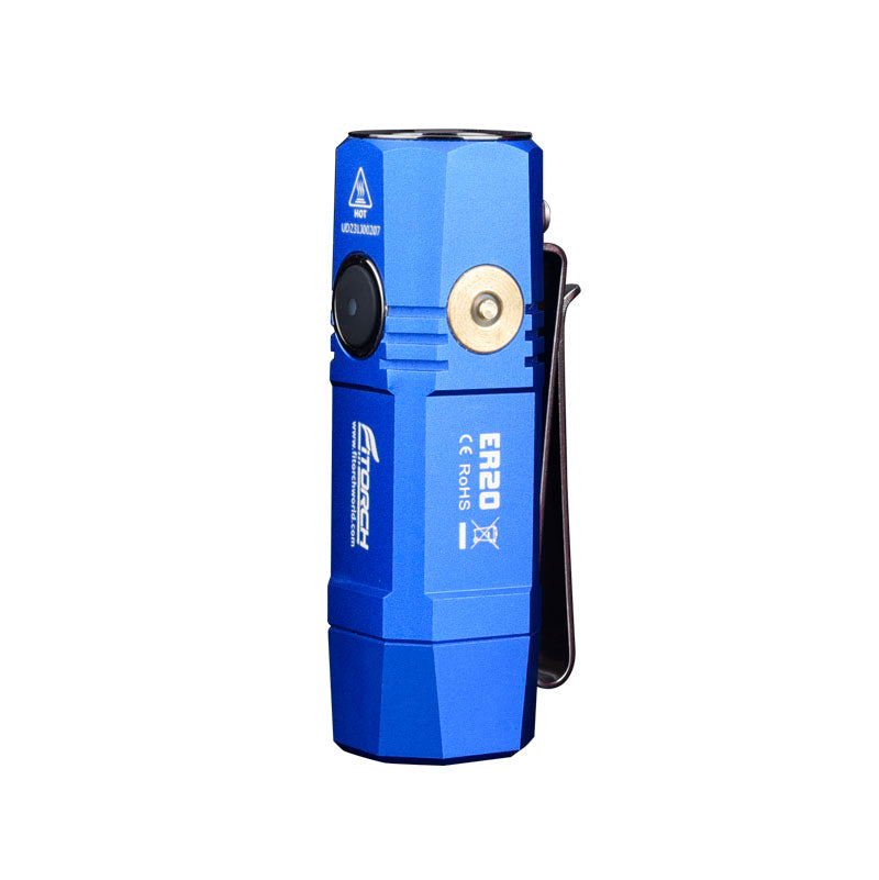 Fitorch ER20 blue flashlight standing upright with its charging contact and pocket clip visible