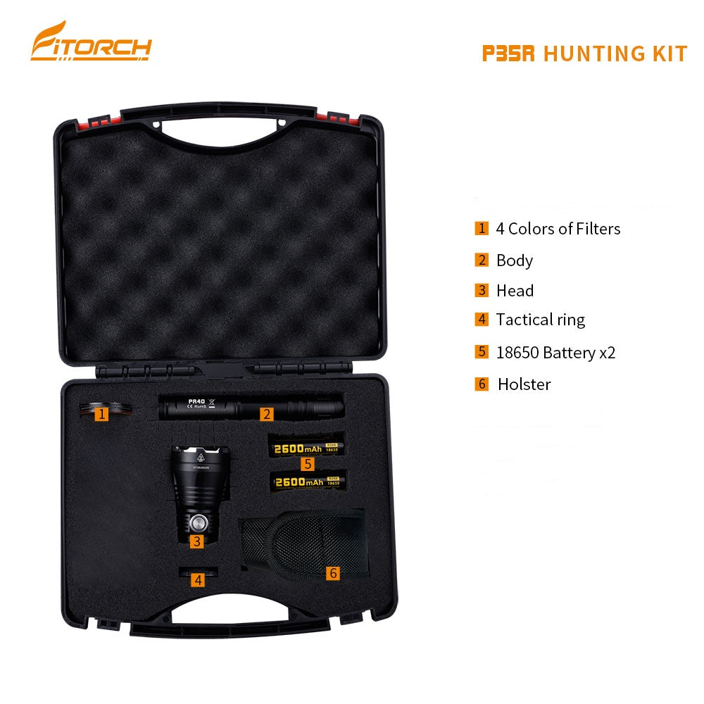 Open flashlight kit case showing light components, two batteries, filters and P35R heading
