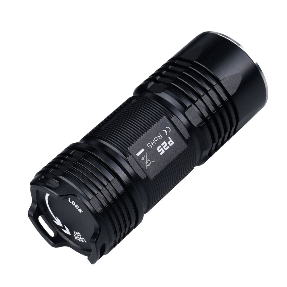 Fitorch P25 rear angled view of the black flashlight with tail-cap lock markings