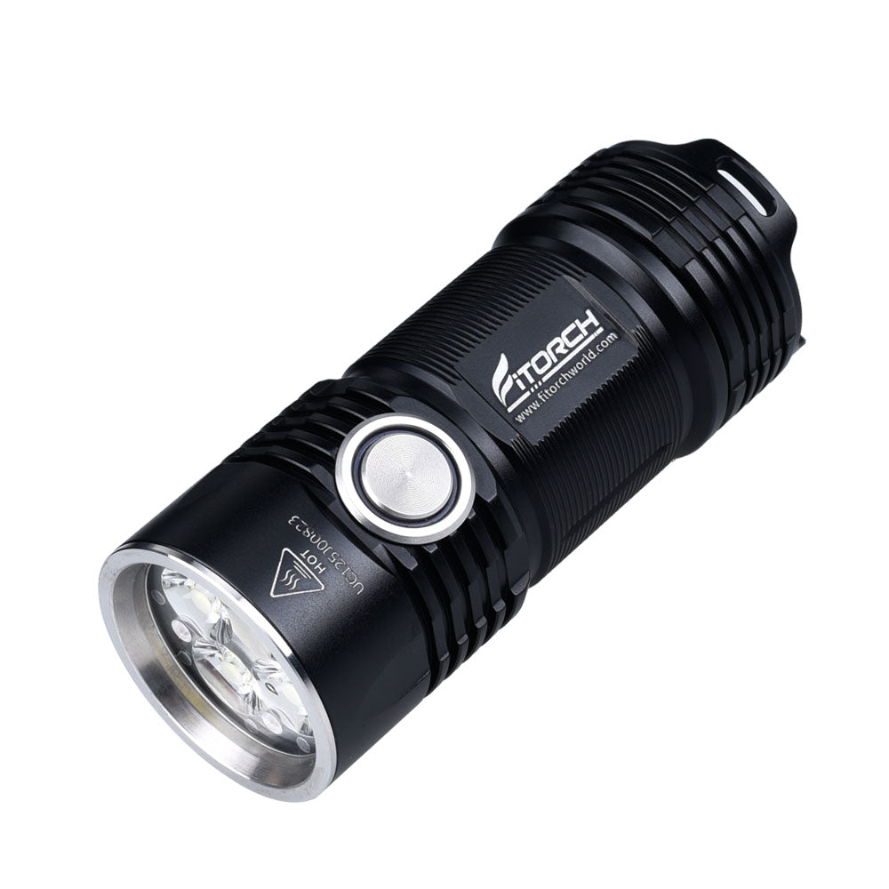 Fitorch P25 black flashlight showing the four-LED head and metal side switch