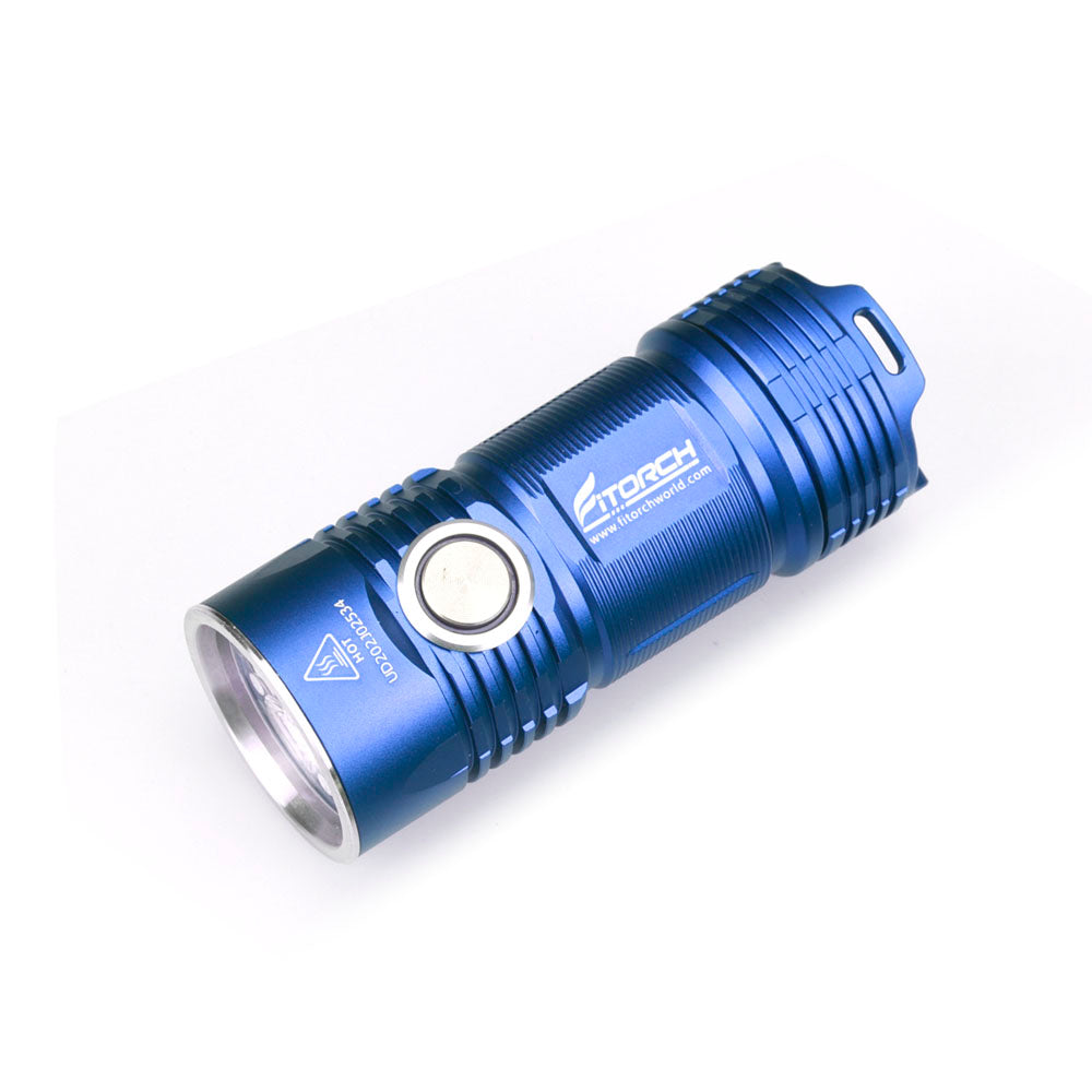 Fitorch P25 blue compact flashlight angled to show the side switch
