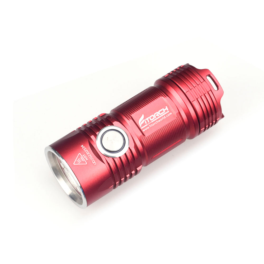 Fitorch P25 red compact flashlight angled to show the side switch