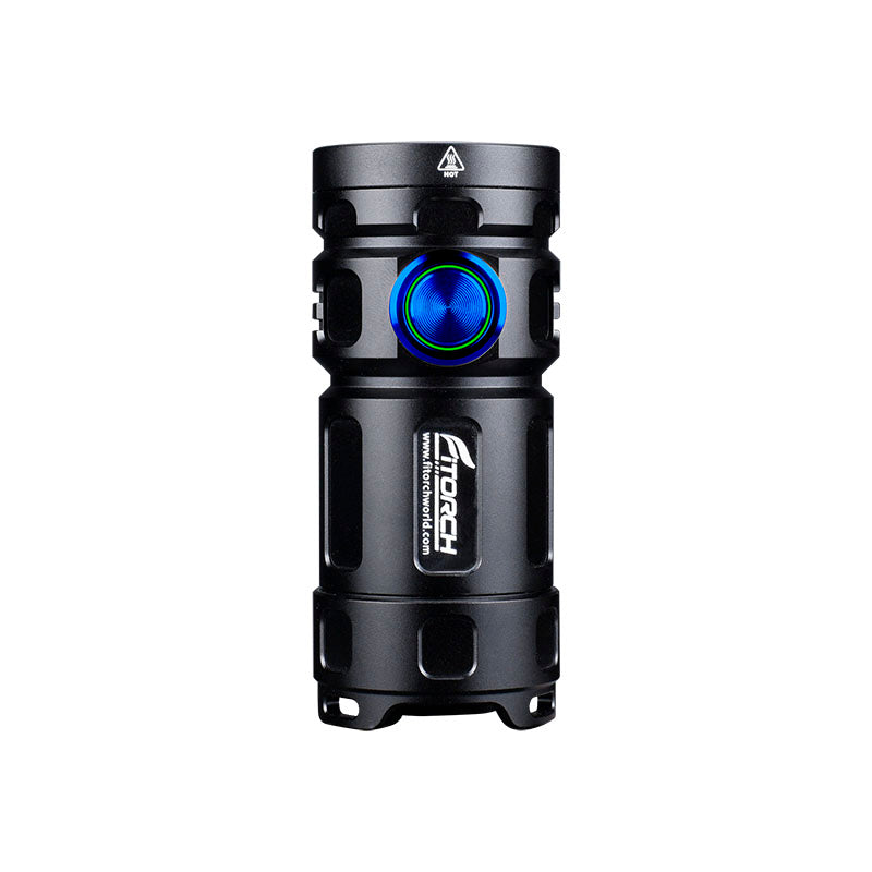 Fitorch P25GT upright black flashlight with a blue side switch and green indicator ring