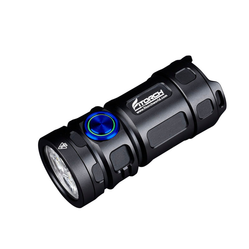 Fitorch P25GT angled black flashlight showing its blue switch and four-LED head