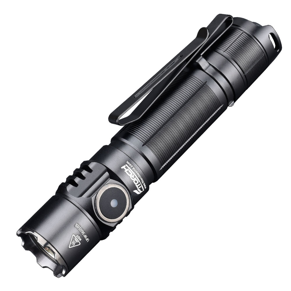 Fitorch P36 black flashlight angled to show the side switch and two-way clip