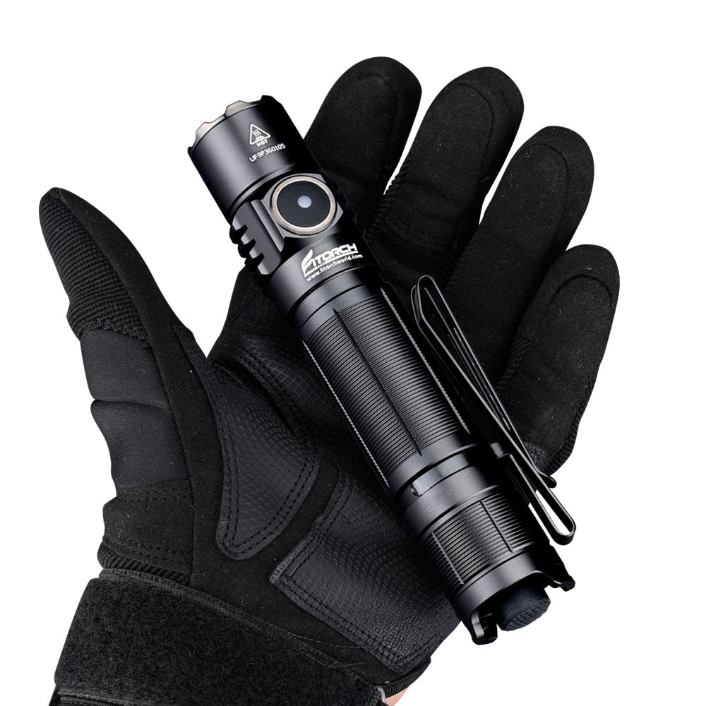 Fitorch P36 black flashlight resting in a gloved palm