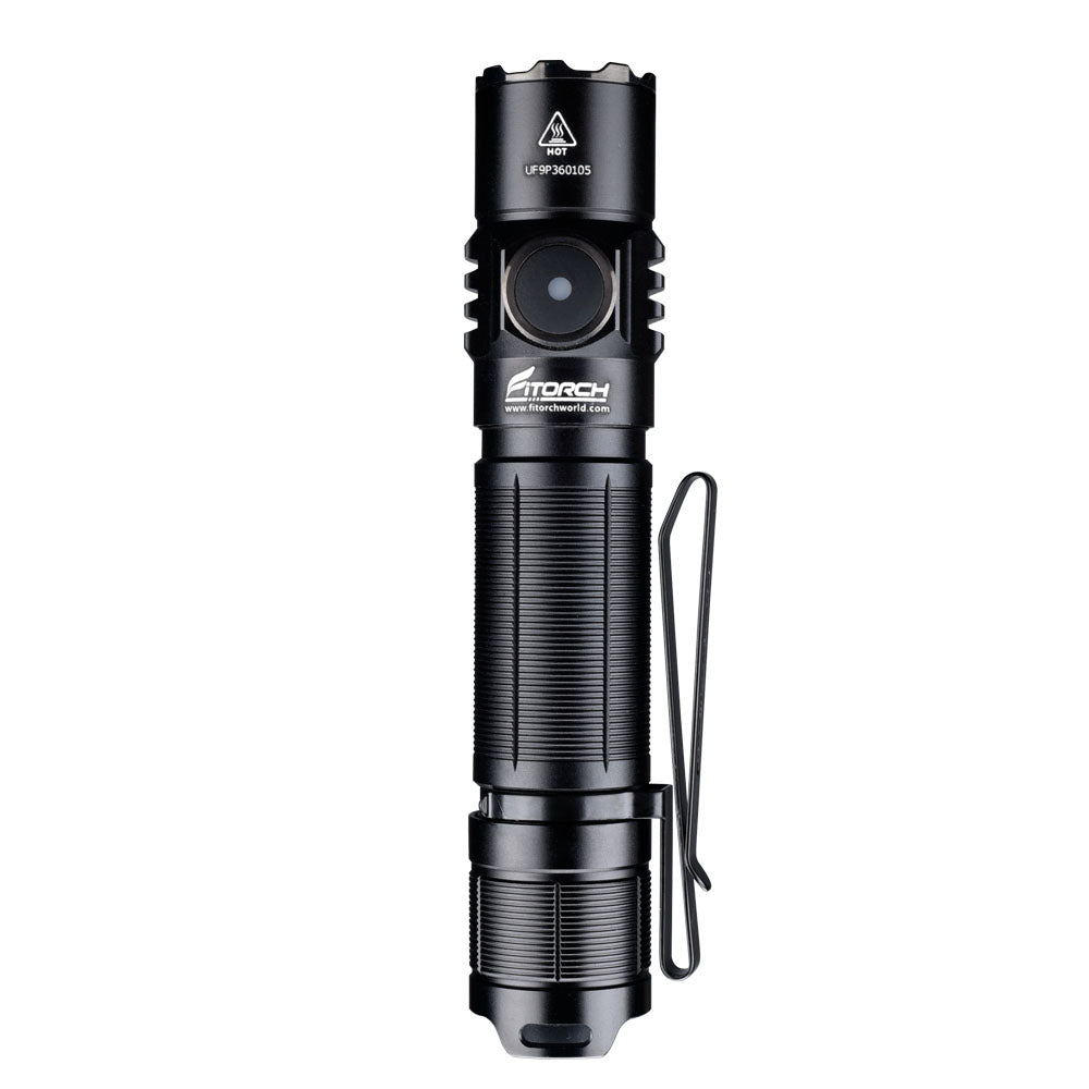 Fitorch P36 upright flashlight with the round side switch facing forward