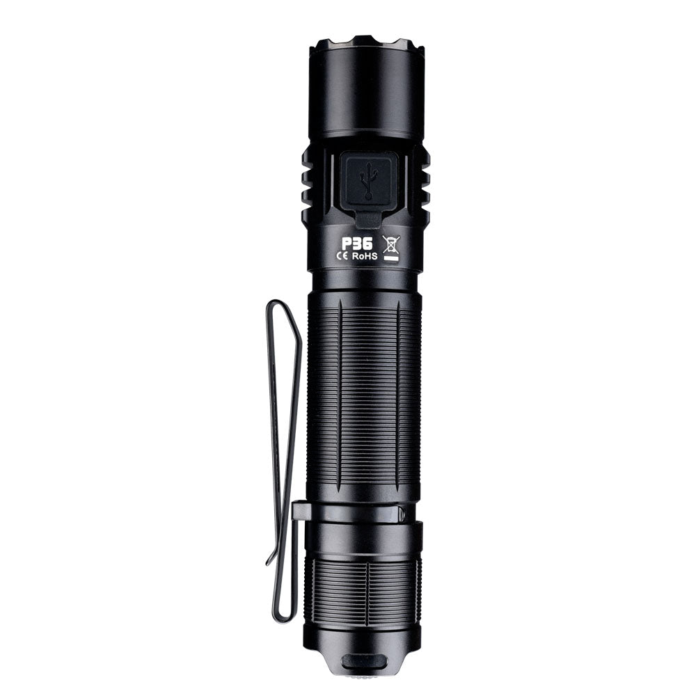 Fitorch P36 upright flashlight showing the USB cover and P36 model marking