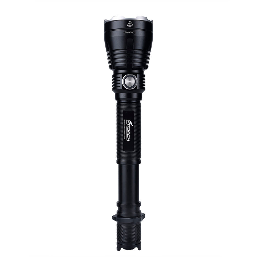 Fitorch PR40 upright flashlight with the metal side switch facing forward