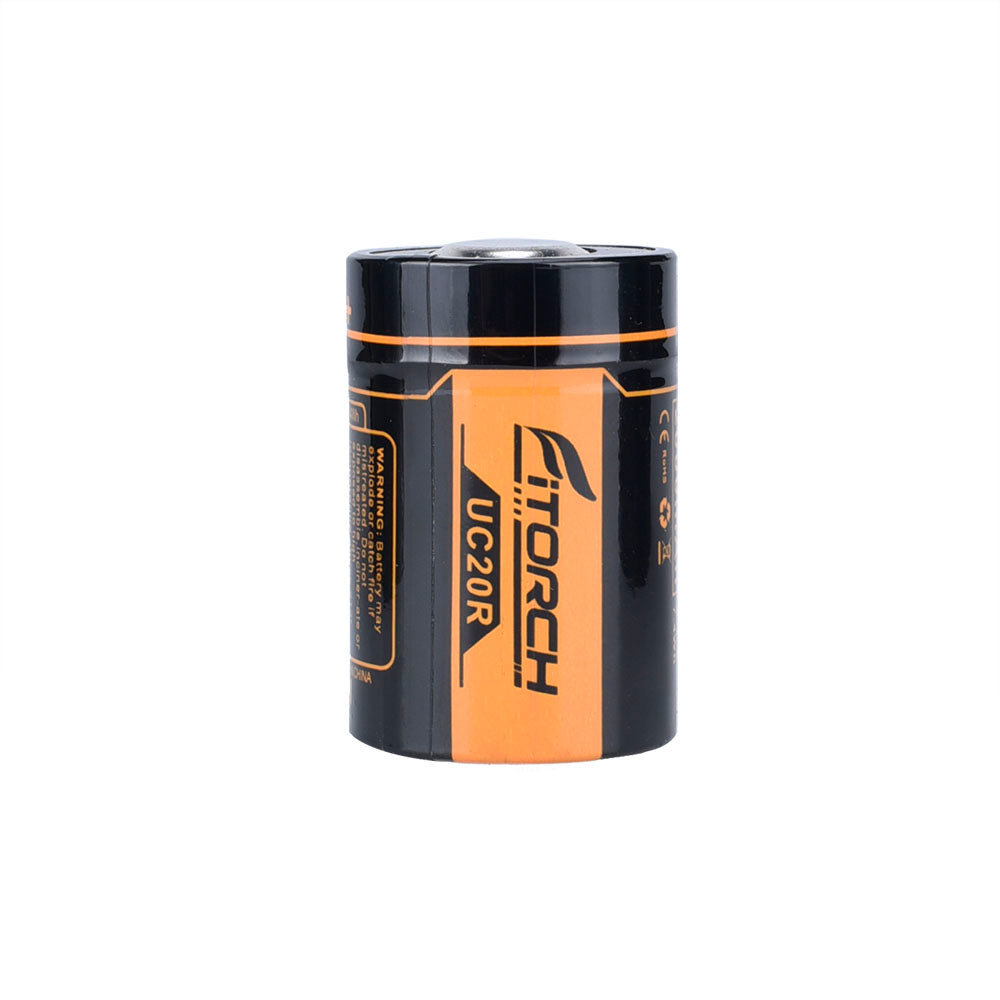 Fitorch UC20R upright 26350 battery showing the orange logo, UC20R model and positive terminal