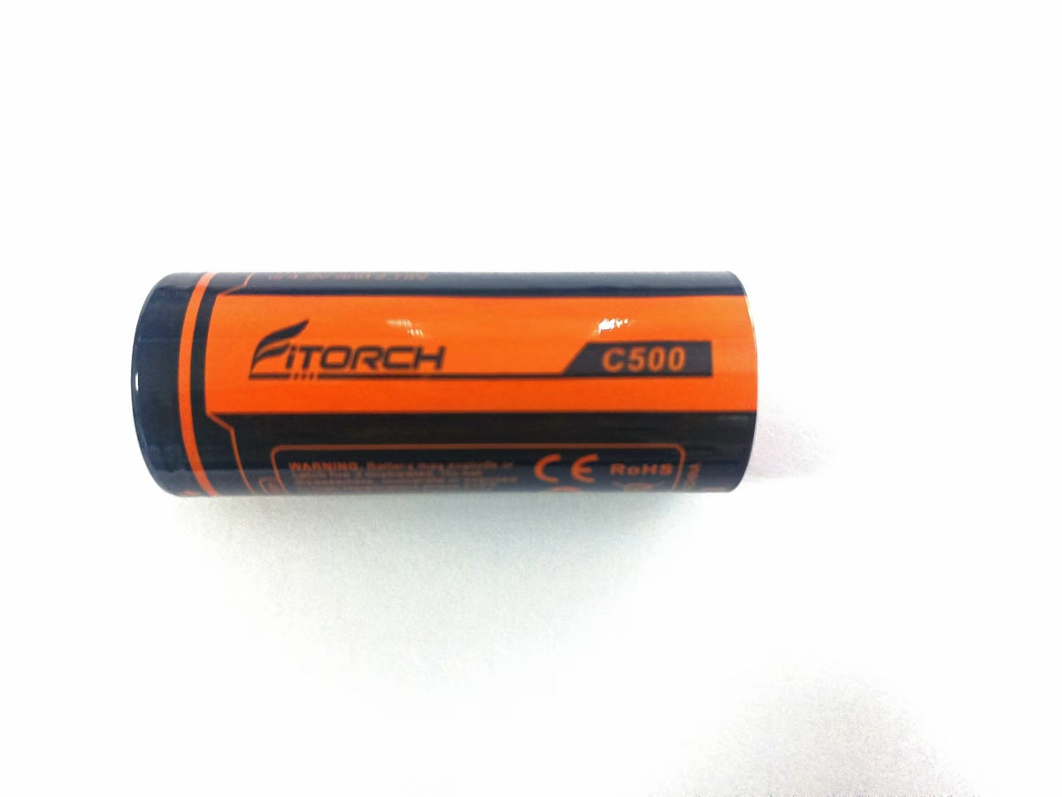 Side view of the Fitorch C500 battery lying horizontally with its logo and model visible