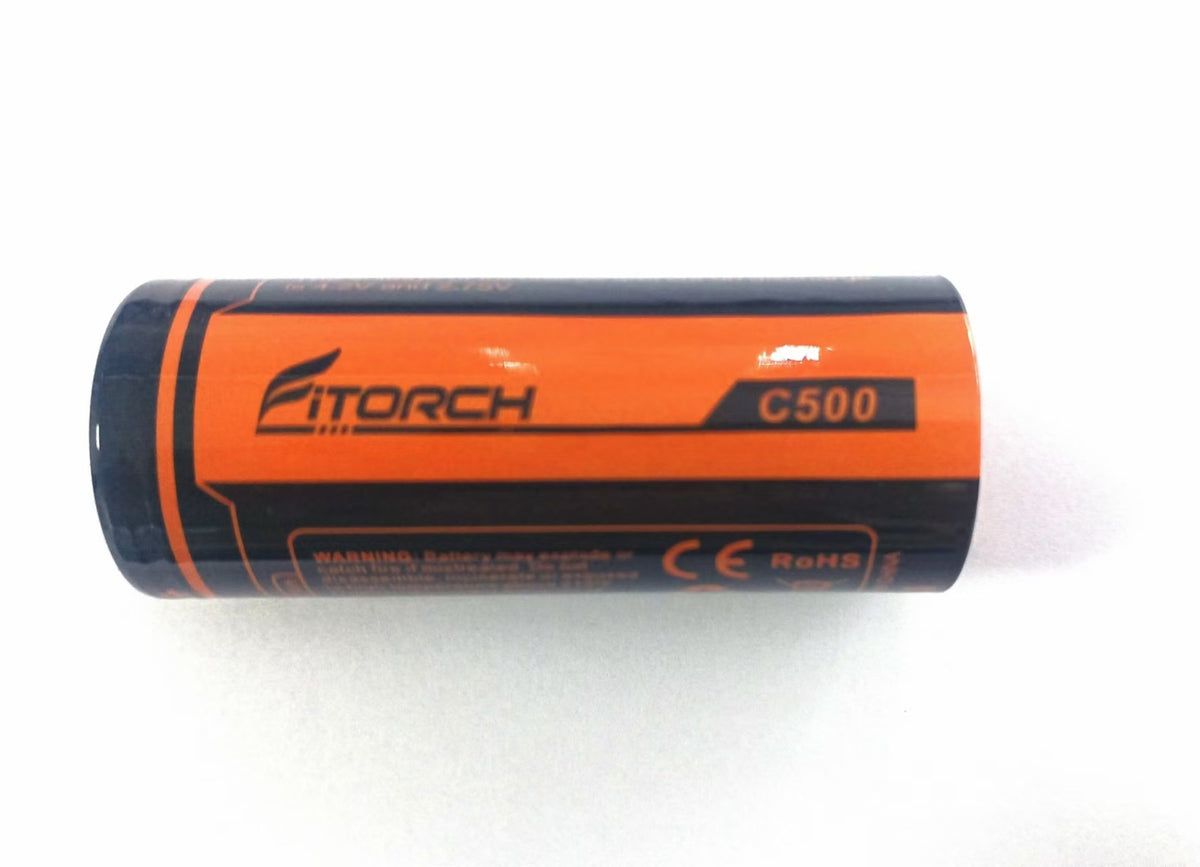 Close-up side view of the orange Fitorch logo and C500 model on the black battery wrapper