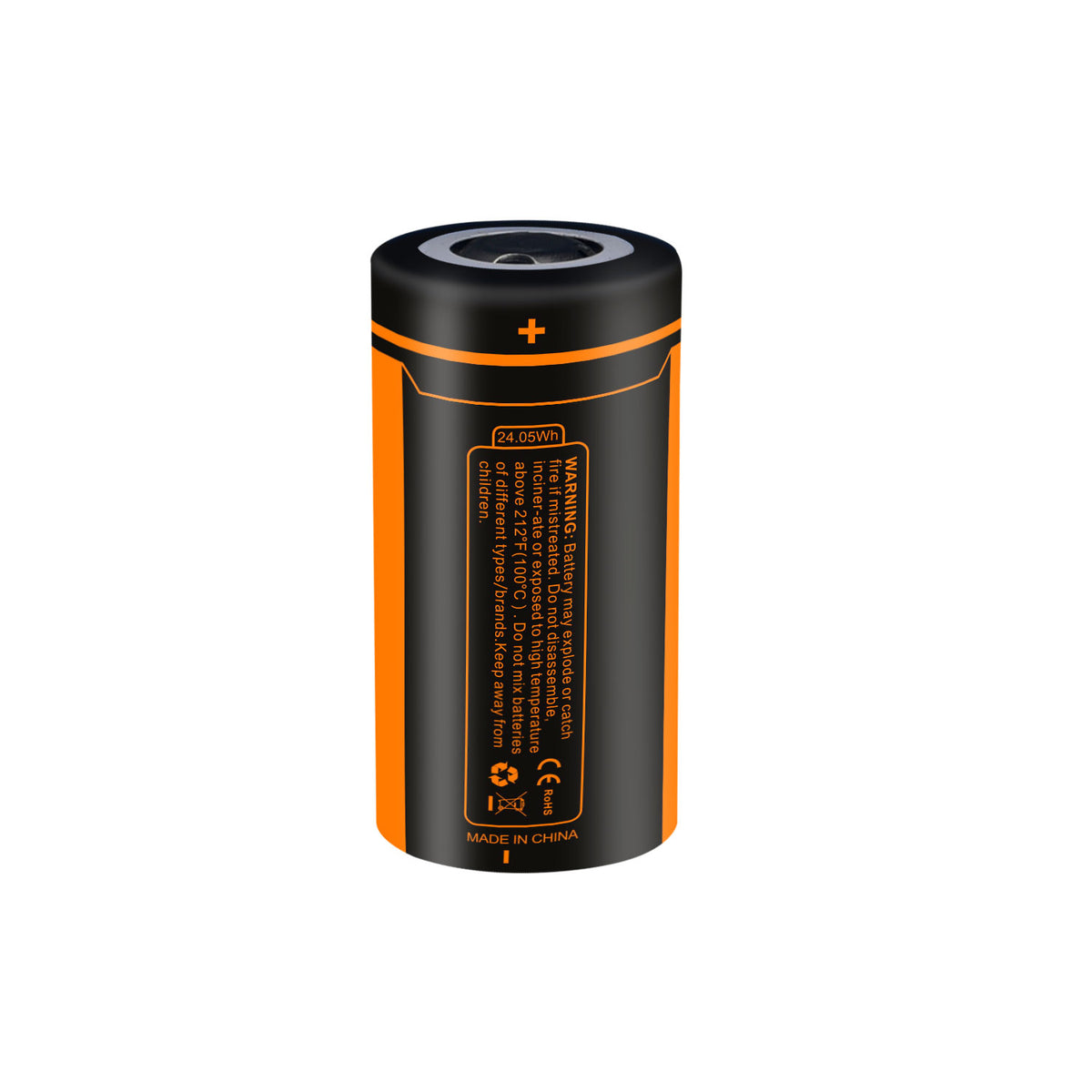 Rear view of the Fitorch C650 battery showing the handling warning label and polarity marks
