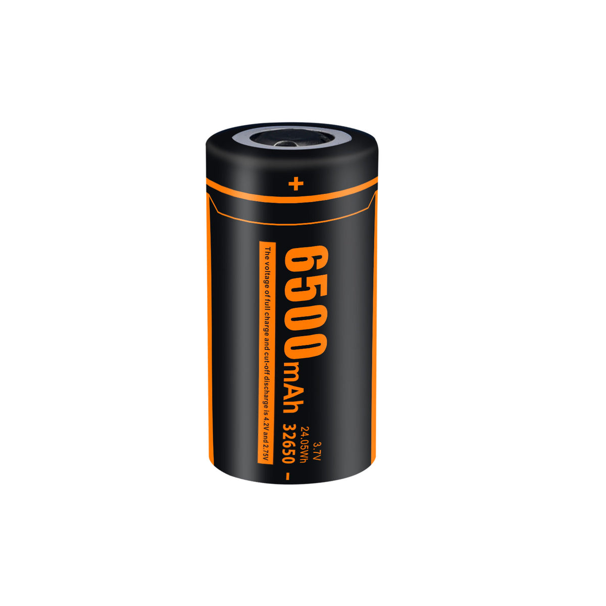 Upright Fitorch C650 rechargeable battery with the capacity label and positive terminal visible