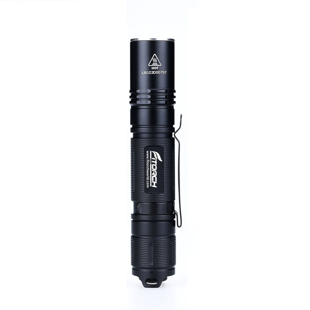 Upright side view of the Fitorch EC10 V2.0 flashlight with its pocket clip