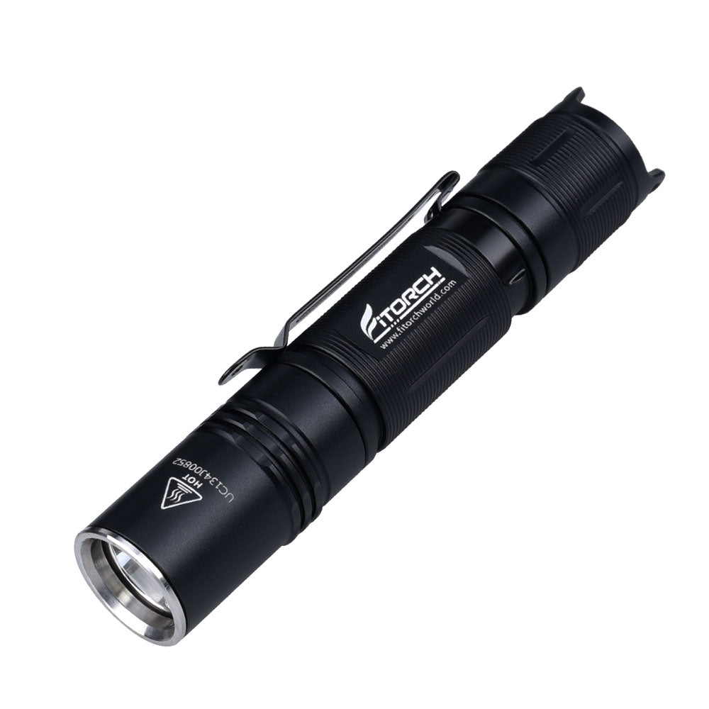 Angled Fitorch EC10 V2.0 mini flashlight showing its black body and pocket clip