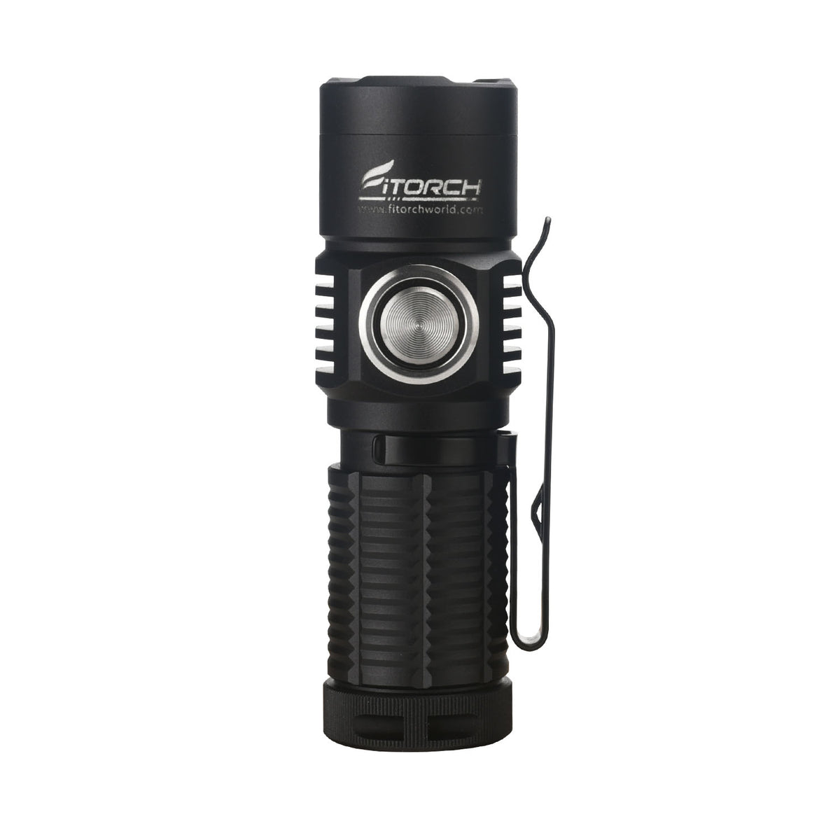 Black Fitorch ER16GT flashlight standing upright with its round side switch and clip visible