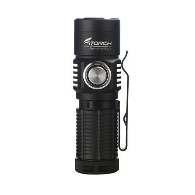 Black Fitorch ER16GT flashlight standing upright with its round side switch and clip visible
