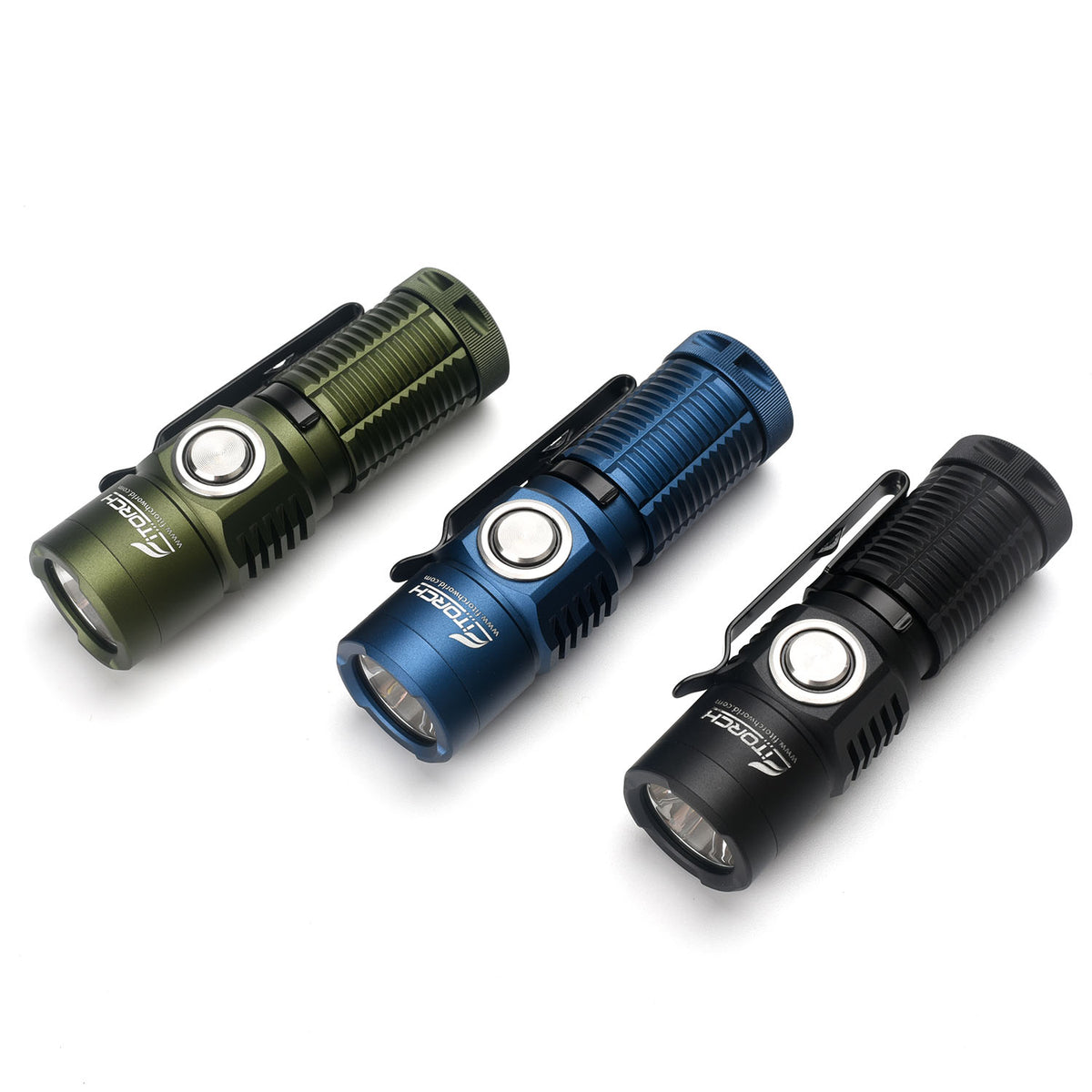 Fitorch ER16GT flashlights in green, blue and black with side switches and pocket clips