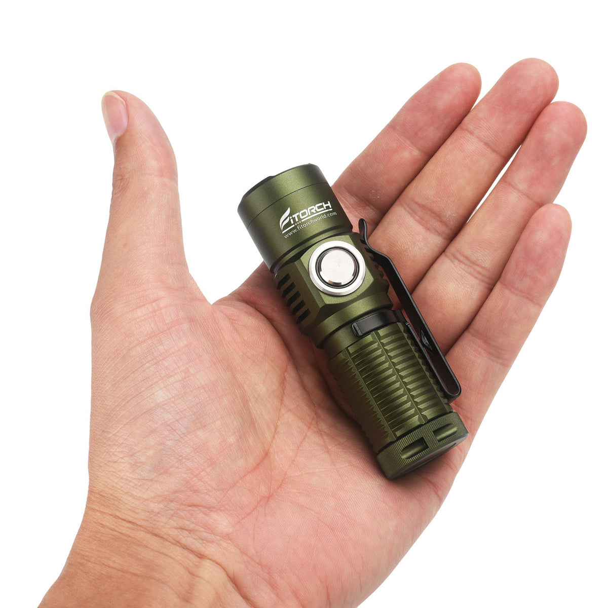 Green Fitorch ER16GT flashlight resting in a palm to show its compact size