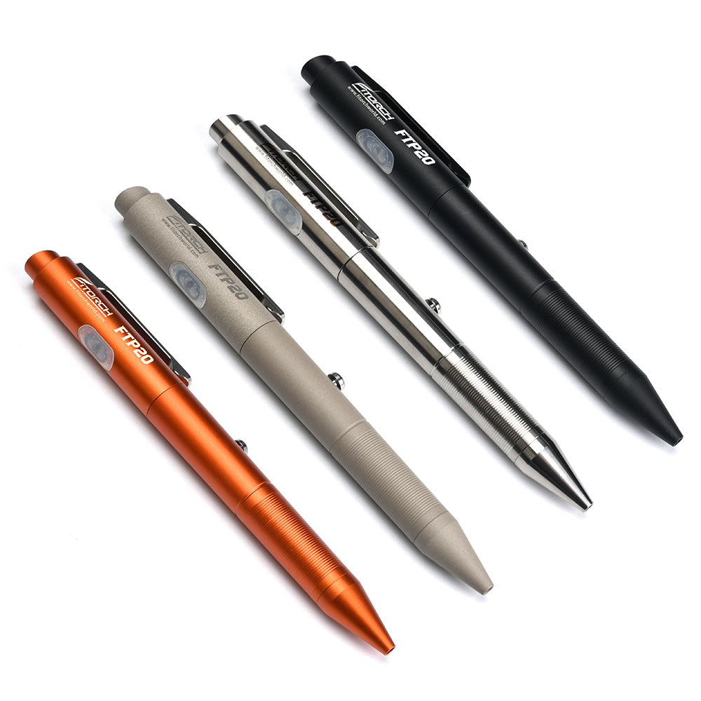 Fitorch FTP20 pen lights in orange, gray, silver and black