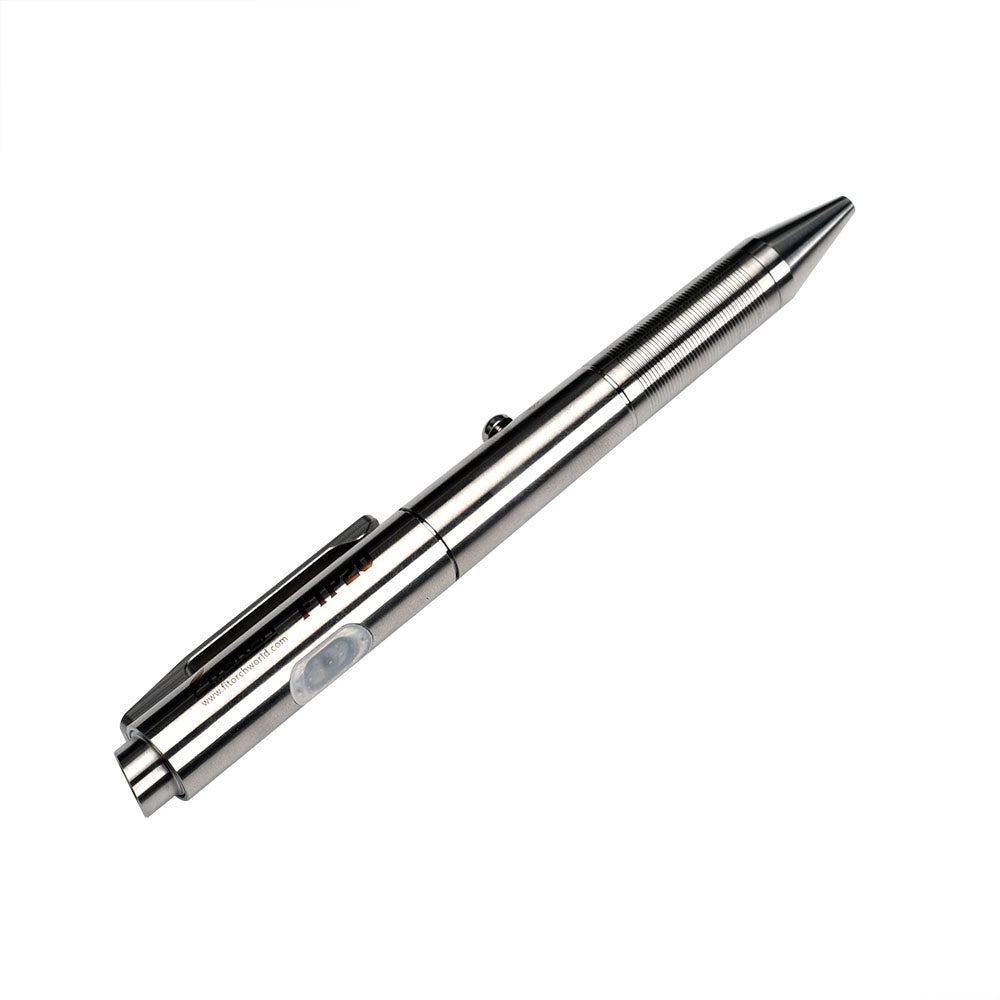 Fitorch FTP20 silver pen light with pocket clip and translucent light panel