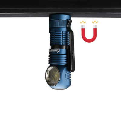 Fitorch HC15 blue light attached upside down to a metal surface by its magnetic tail