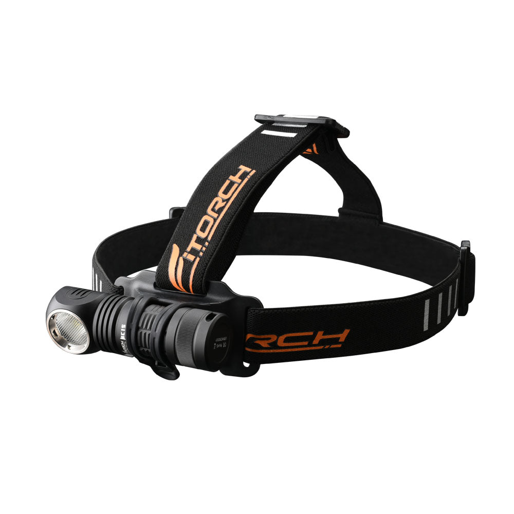 Fitorch HC15 black right-angle light mounted on the adjustable headband