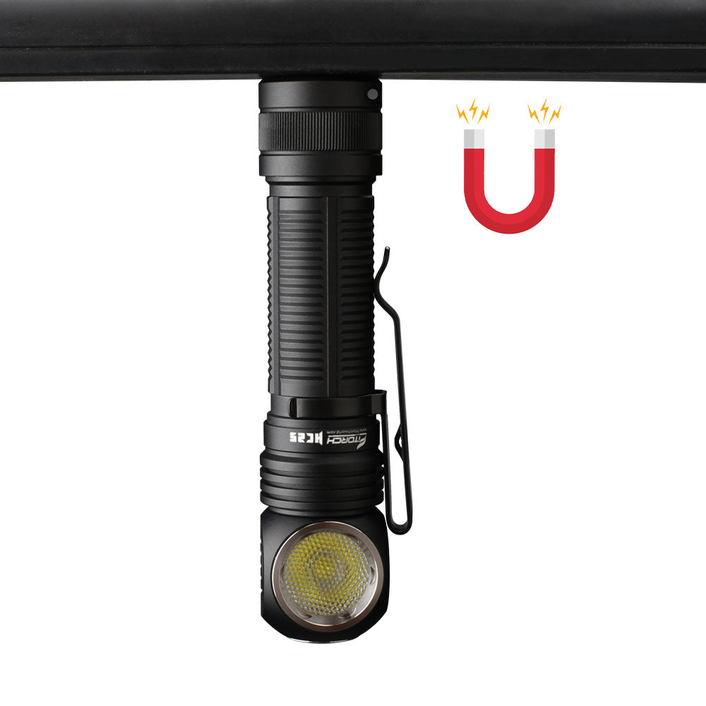 Fitorch HC25 black light attached upside down to a metal surface by its magnetic tail