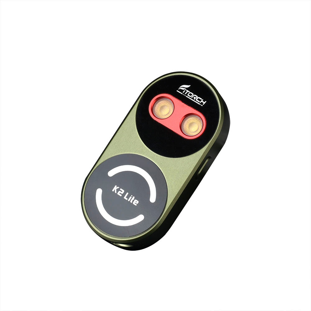 Fitorch K2 Lite green keychain light with two main LEDs and model marking visible