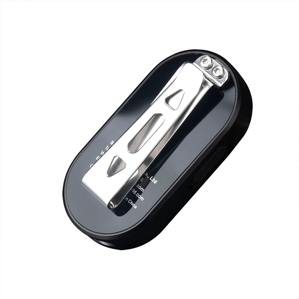 Fitorch K2 Lite rear view of the black keychain light showing the metal two-way pocket clip