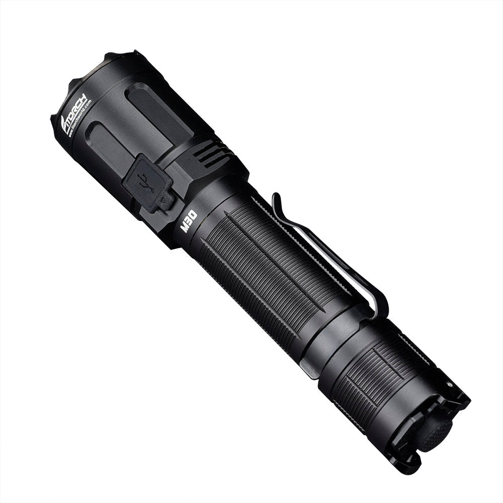 Fitorch M30 rear angled view showing the USB charging cover, M30 marking and clip